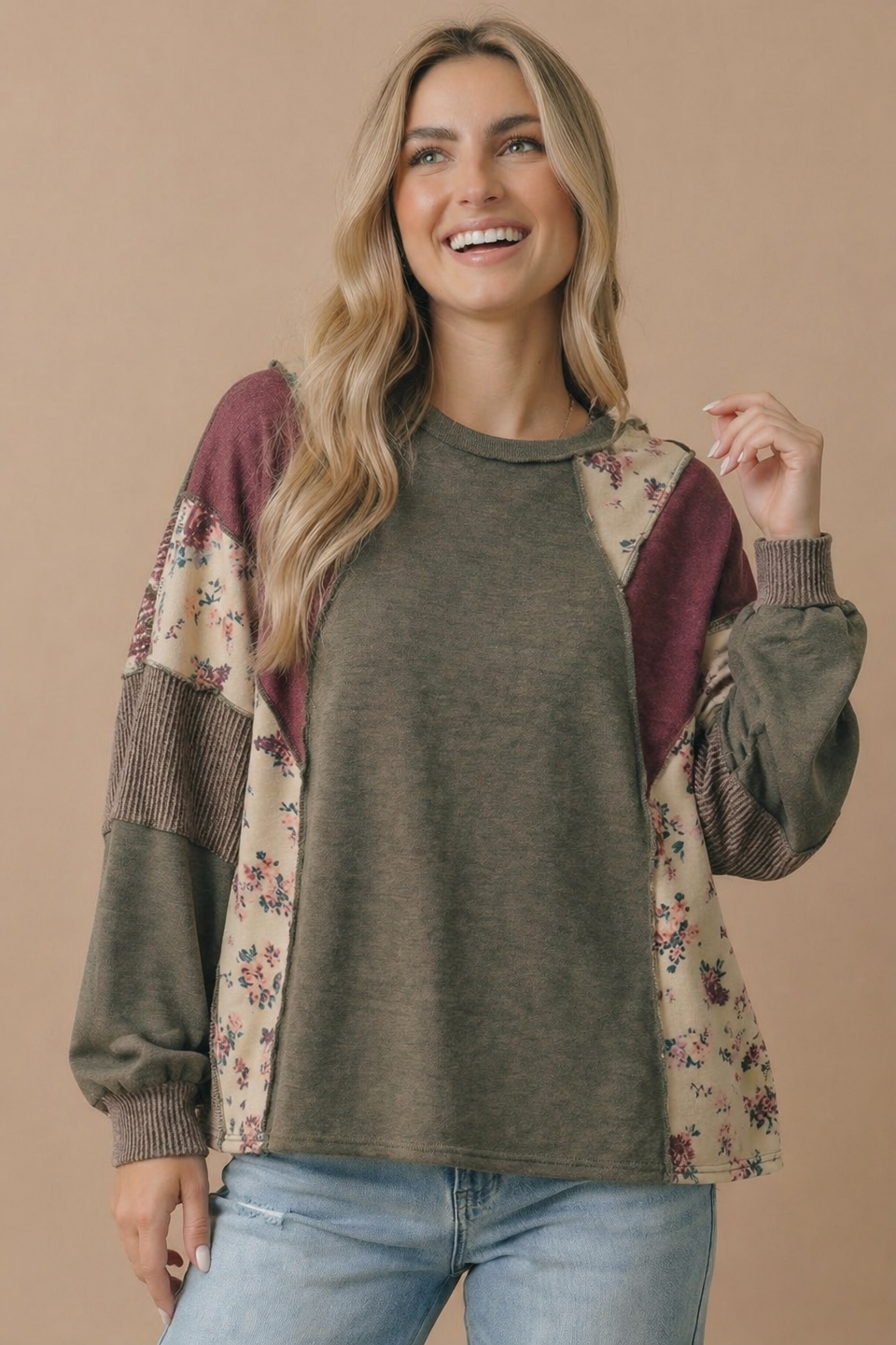 Haptics Mixed Media Floral Patchwork Pullover Top