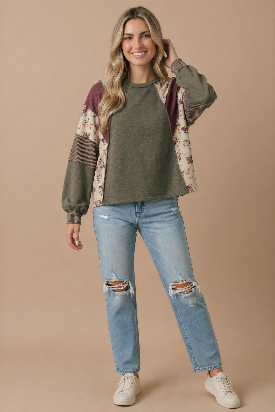 Haptics Mixed Media Floral Patchwork Pullover Top
