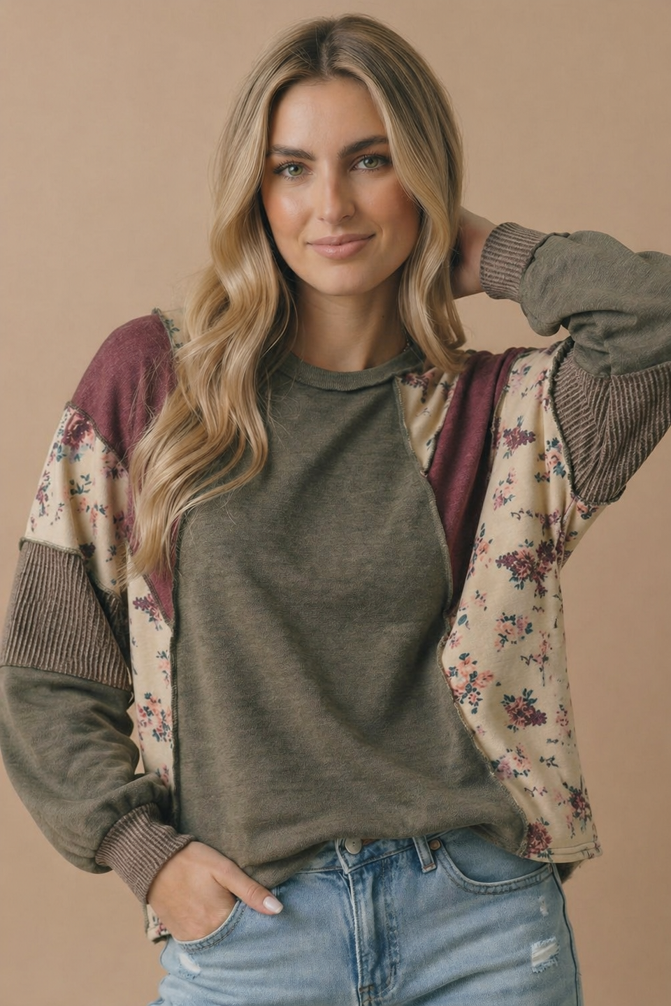 Haptics Mixed Media Floral Patchwork Pullover Top