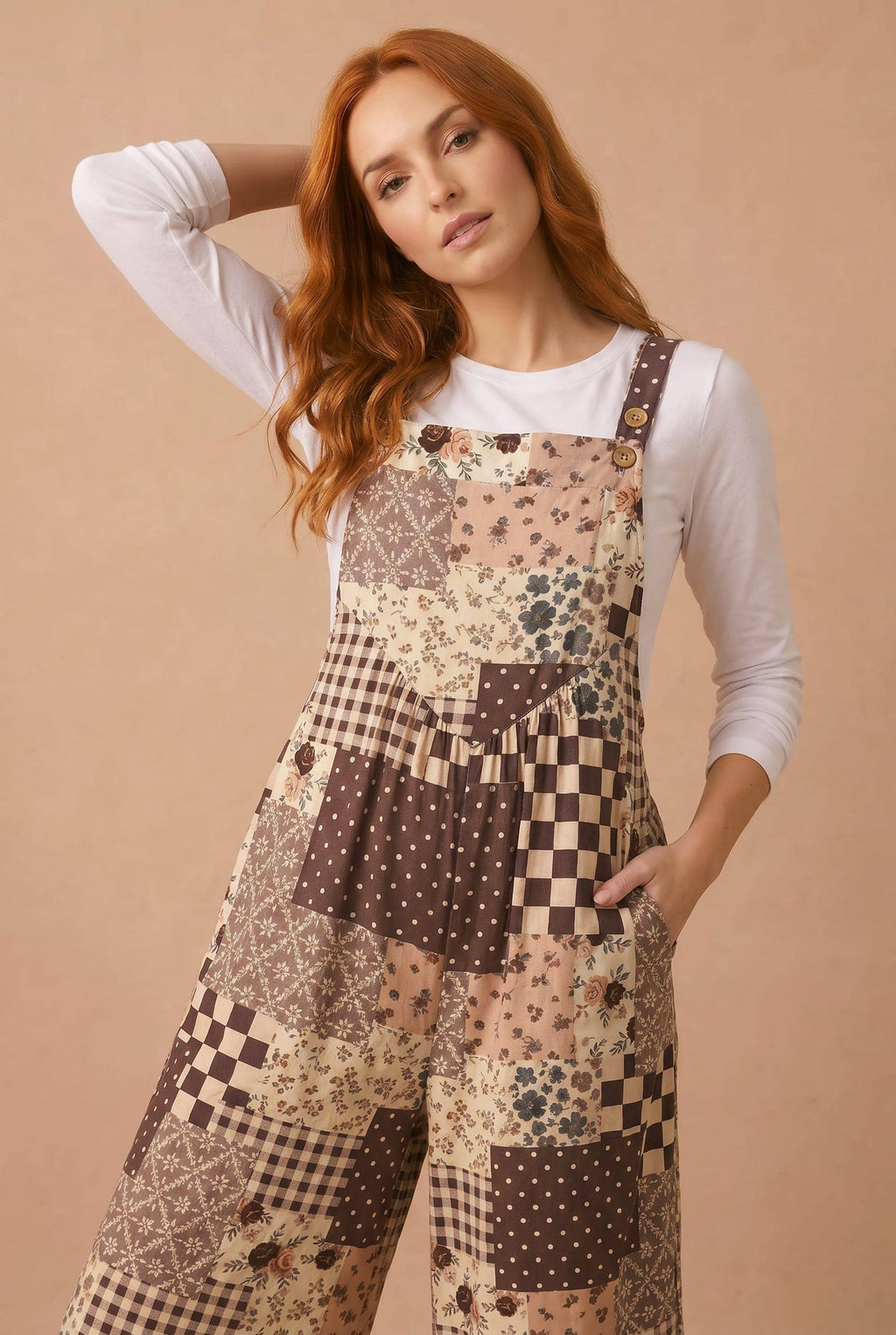 Haptics Floral Patchwork Wide Leg Overalls