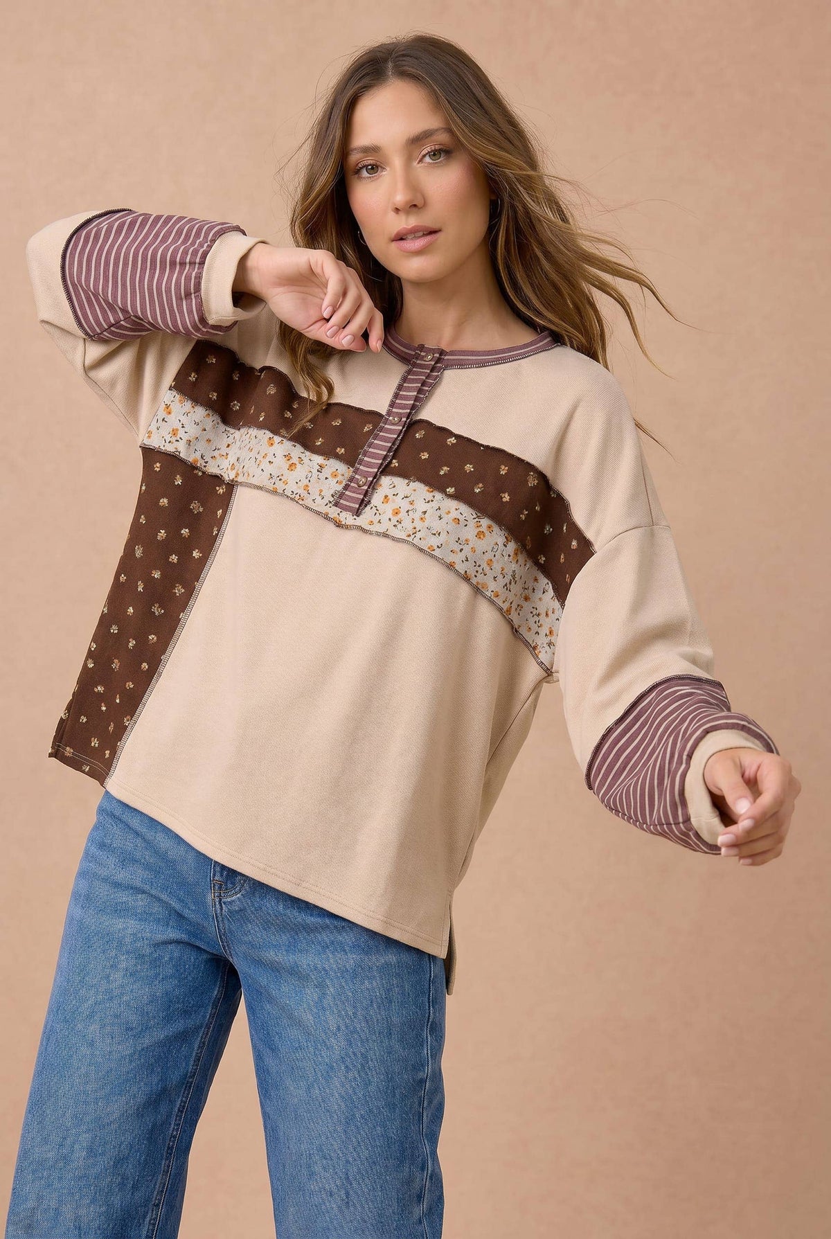 Floral & Stripe Color Block Oversized Henley Top | S–3X