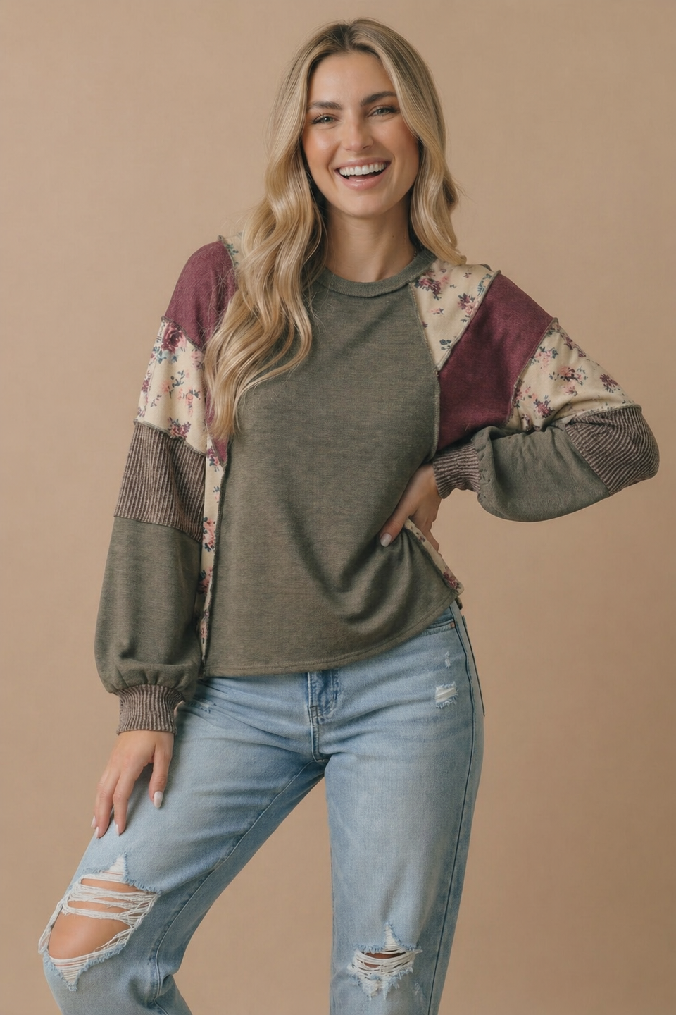 Haptics Mixed Media Floral Patchwork Pullover Top