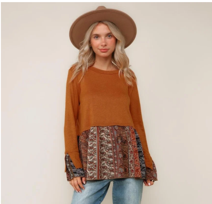 Boho Rust Mixed Print Twofer Sweater Top