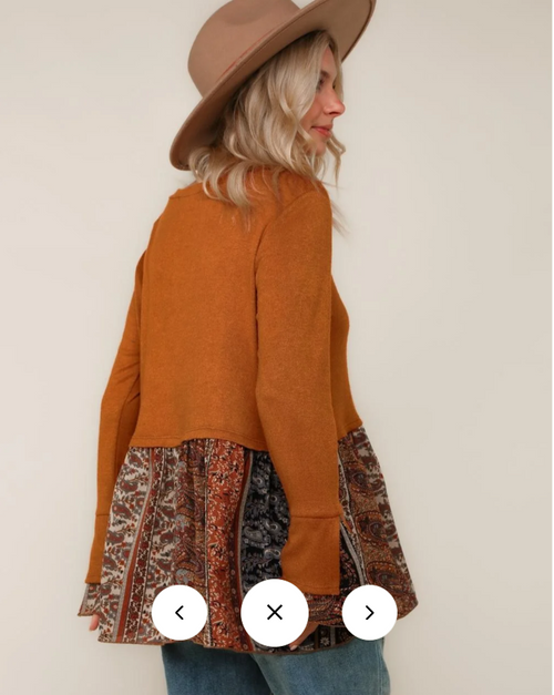 Boho Rust Mixed Print Twofer Sweater Top