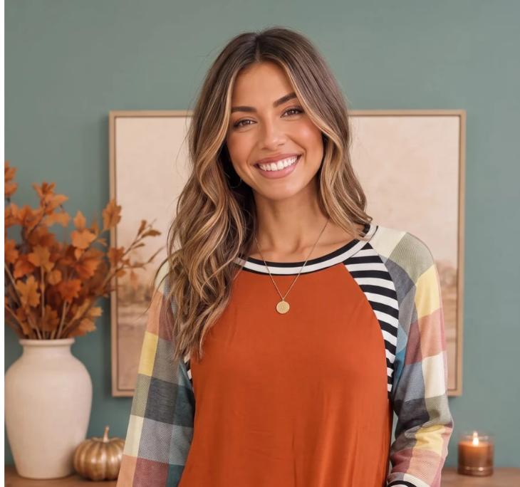 Rust Mixed Print Plaid Raglan Top
