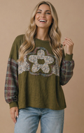 Floral Appliqué Plaid Sleeve Color Block Top
