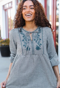 Charcoal Plaid Embroidered Babydoll Top