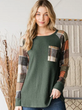 Hunter Green Waffle Knit Plaid Sleeve Pocket Top