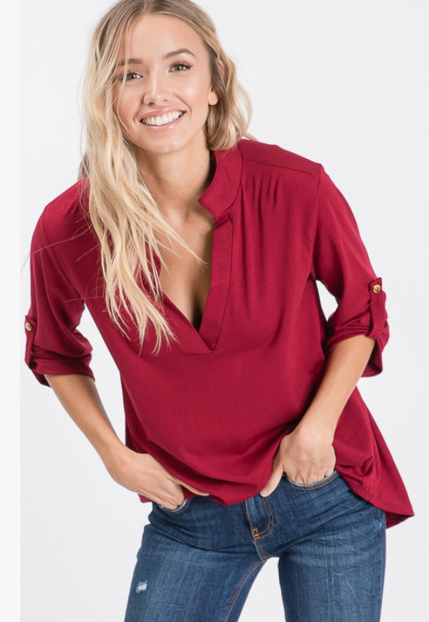 Wine Mandarin Collar Roll-Tab Sleeve Top