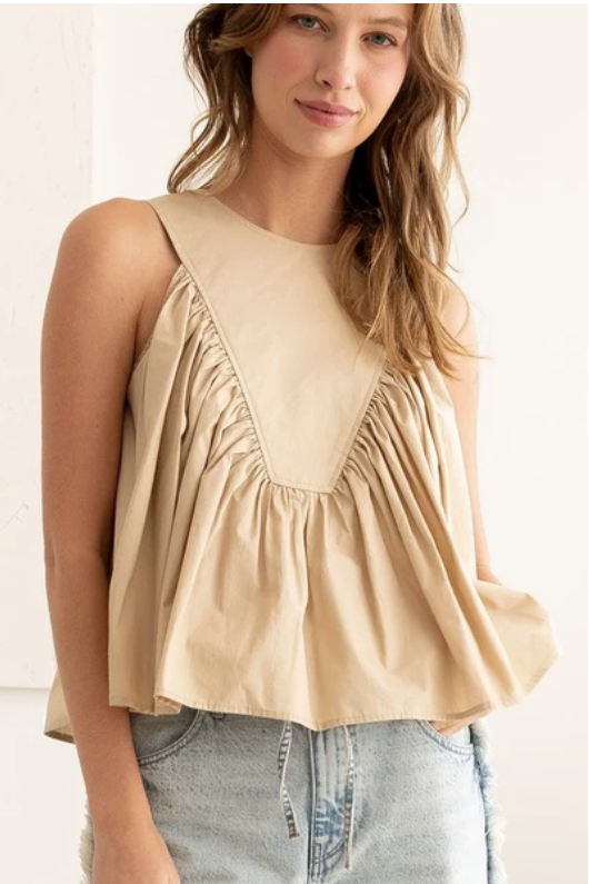 Heyson Sleeveless Ruffle Detail Swing Top – Taupe