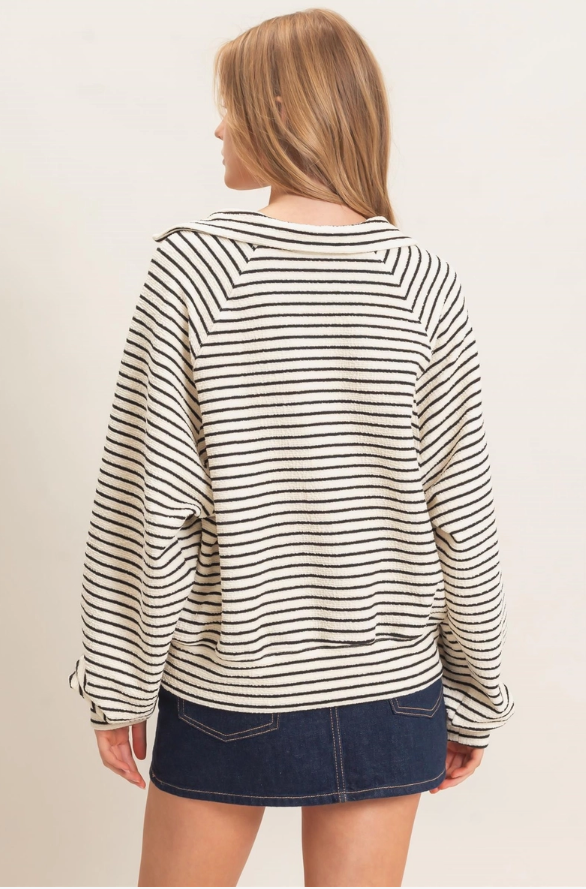 Hyfve Black & Ivory Striped Collared Pullover