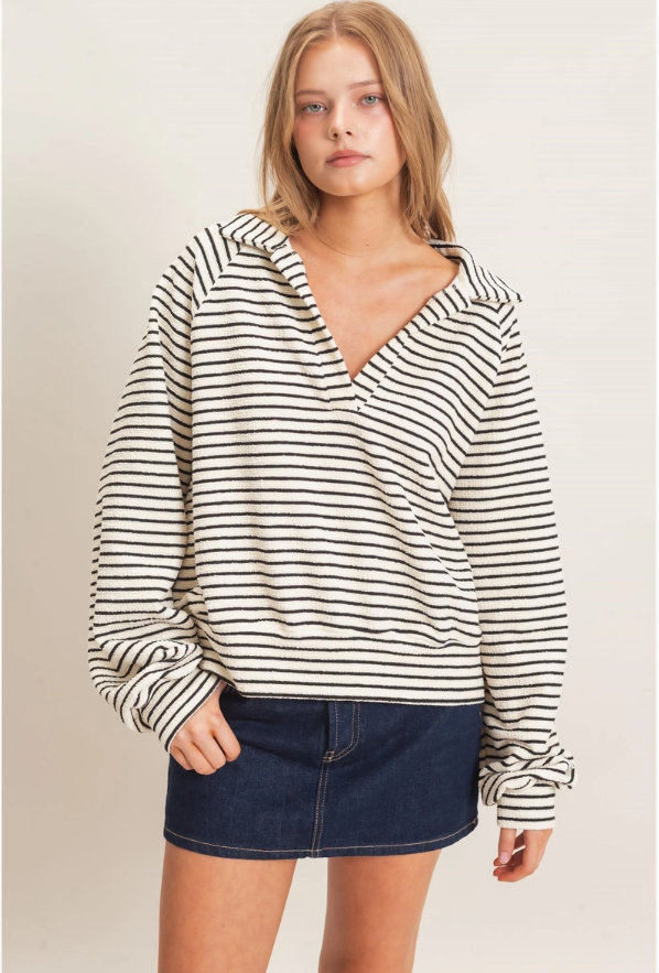 Hyfve Black & Ivory Striped Collared Pullover