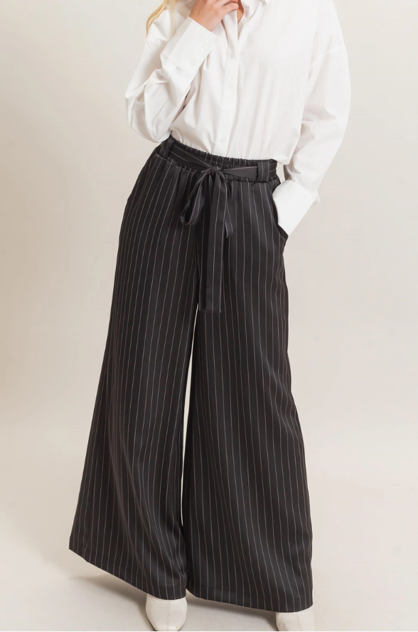 Hyfve Black Pinstripe Wide Leg Tie-Waist Pants