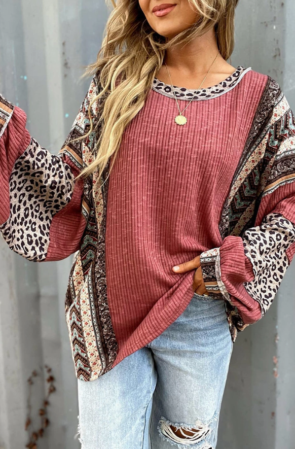Lily Clothing Mixed Print Ribbed Top