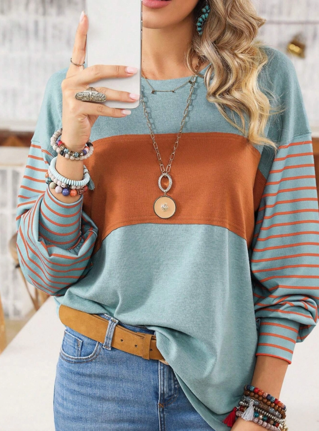 Colorblock Striped Sleeve Long Sleeve Top – Sage Blue & Rust