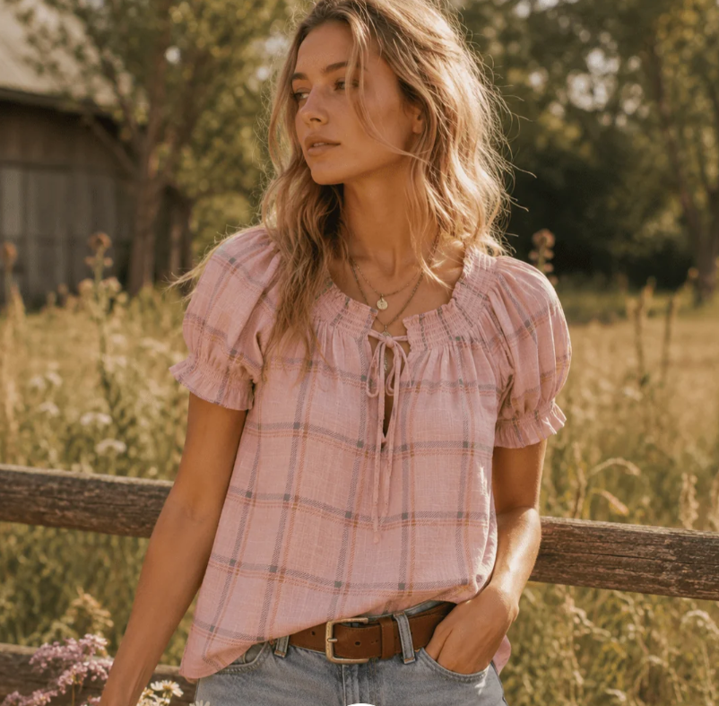 Mine Mauve Plaid Puff Sleeve Tie-Front Top