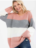 Blush Pink & Gray Colorblock Oversized Knit Sweater