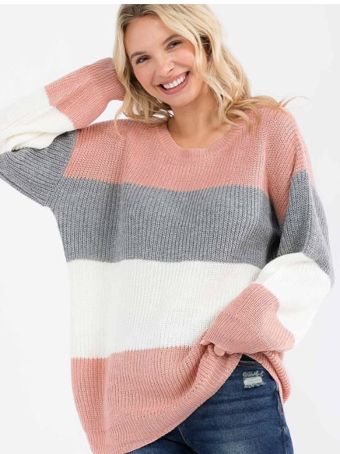 Blush Pink & Gray Colorblock Oversized Knit Sweater