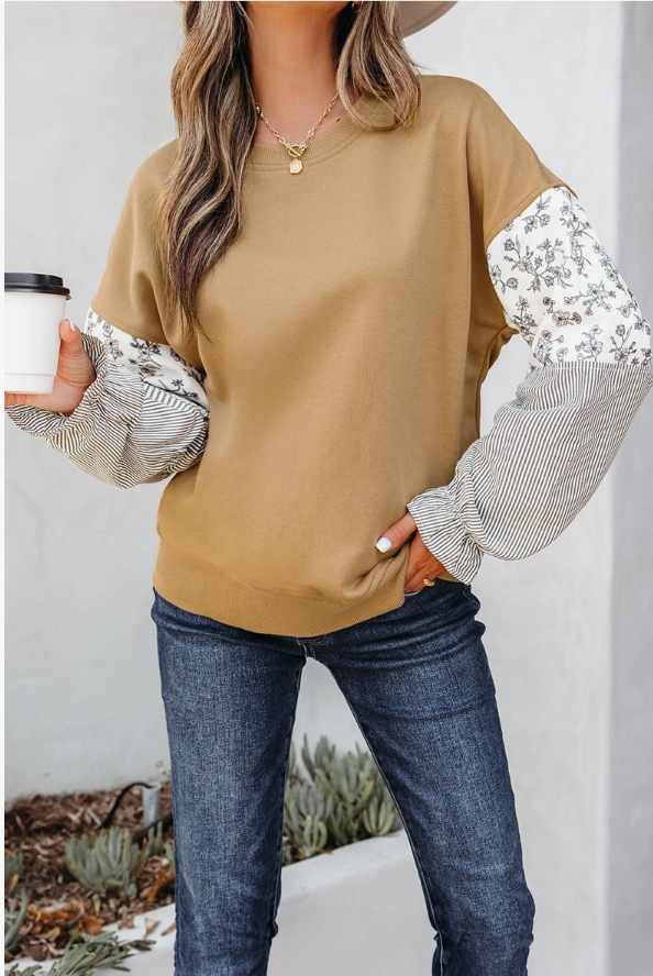 Pretty Bash Floral & Stripe Patchwork Sleeve Sweatshirt