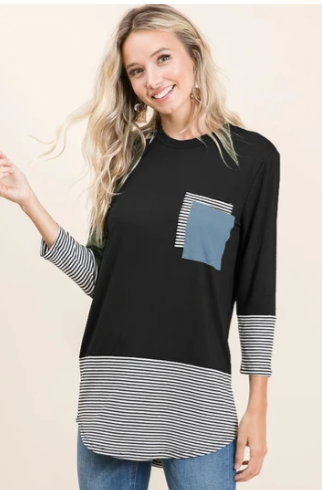 Women's Black Stripe Hem Pocket Tunic Top | Reb & J