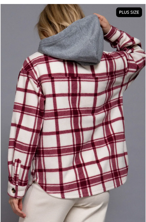 Burgundy Plaid Hooded Fleece Shacket – Plus Size