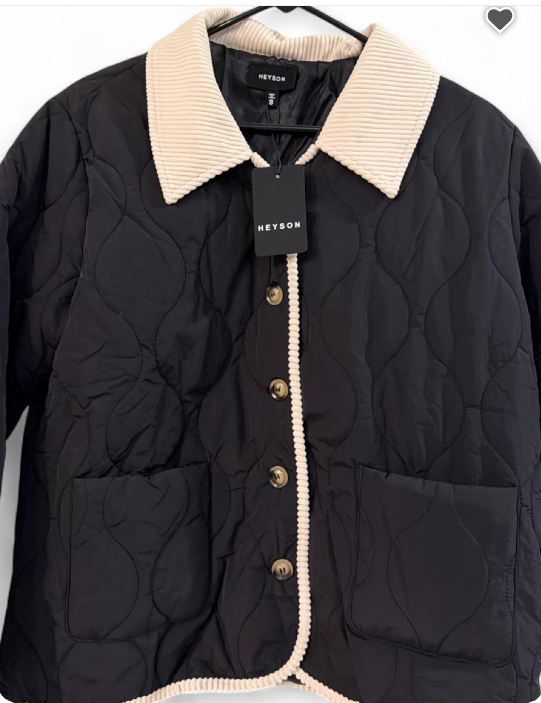Heyson Contrast Corduroy Collar Quilted Jacket – Black & Cream
