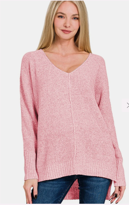 Zenana High-Low V-Neck Sweater – Pink/Grey