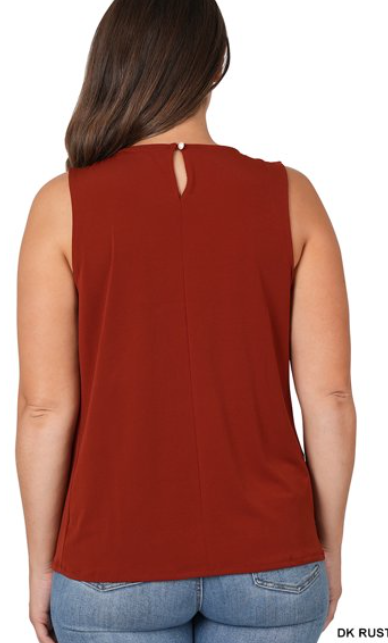 Zenana Pleated Neck Sleeveless Blouse – Dark Rust