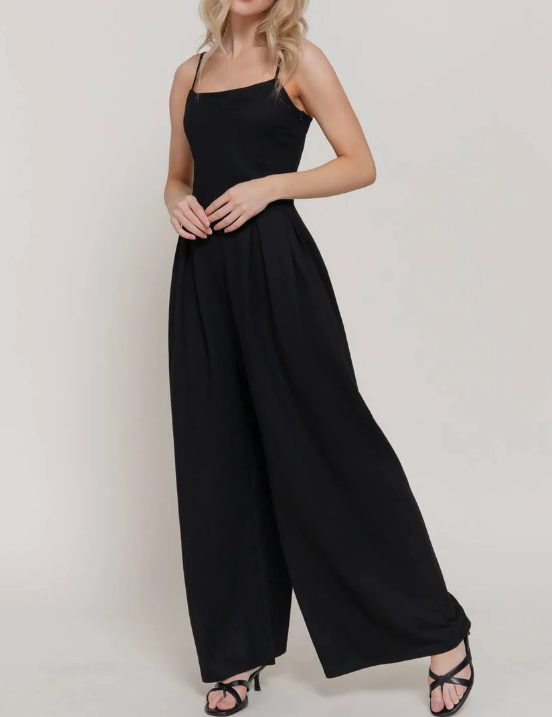 Active USA Pleated Wide Leg Cami Jumpsuit – Black