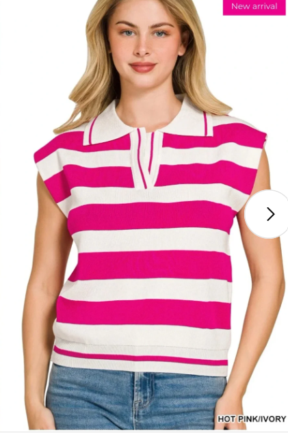 Zenana Striped Polo Collar Sweater Top