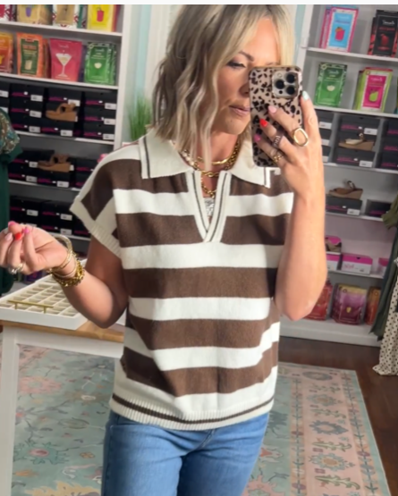 Zenana Striped Polo Collar Sweater Top