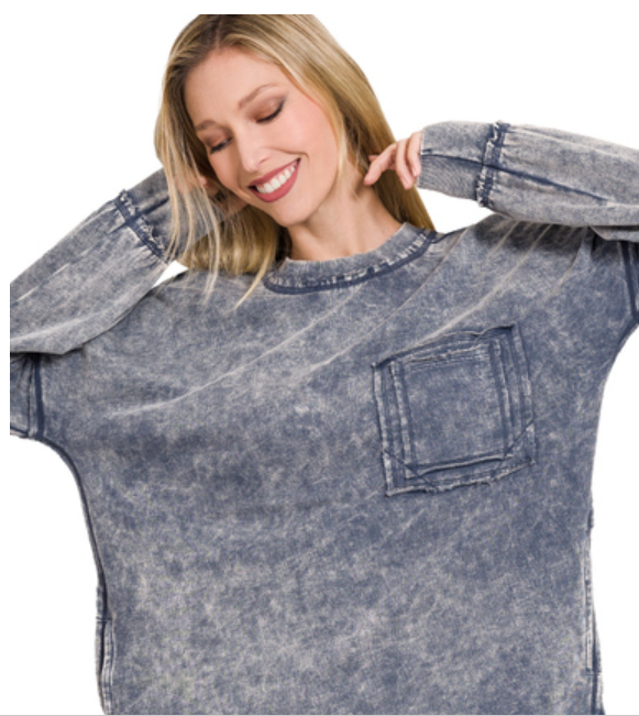 Zenana Vintage Vibes Acid Wash Pocket Pullover