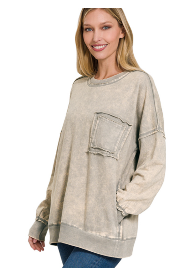 Zenana Vintage Vibes Acid Wash Pocket Pullover