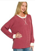 Zenana Contrast Detail Raised Rib Pullover