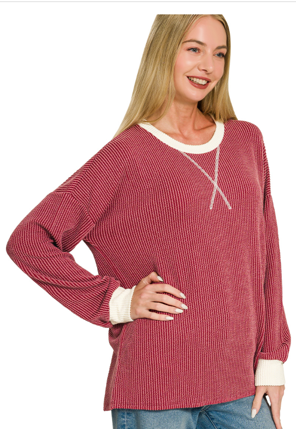 Zenana Contrast Detail Raised Rib Pullover