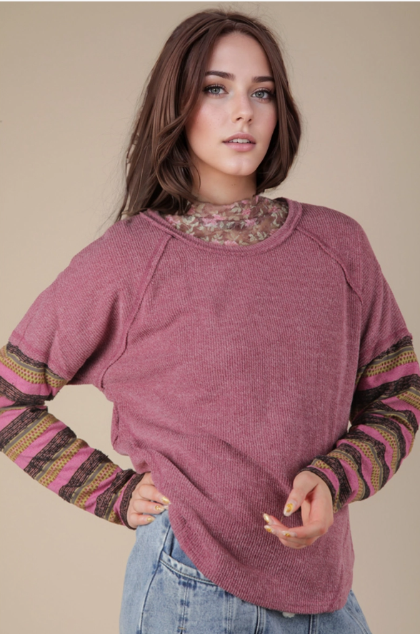 Cozy Contrast Sleeve Oversized Knit Top