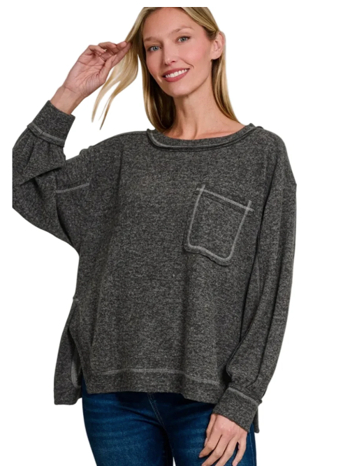 Zenana Washed Brushed Hacci Pocket Top | S/M–XL