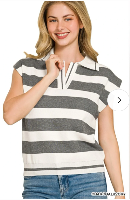 Zenana Striped Polo Collar Sweater Top