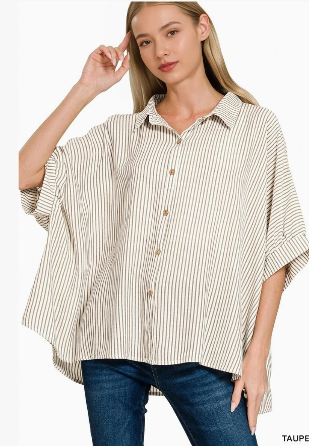 Zenana Oversized Striped Boxy Button Down Top – Taupe