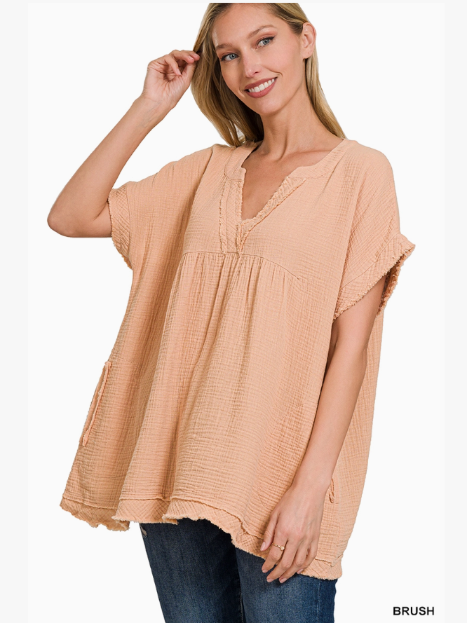 Zenana Washed Double Gauze Raw Edge Babydoll Top – Brush