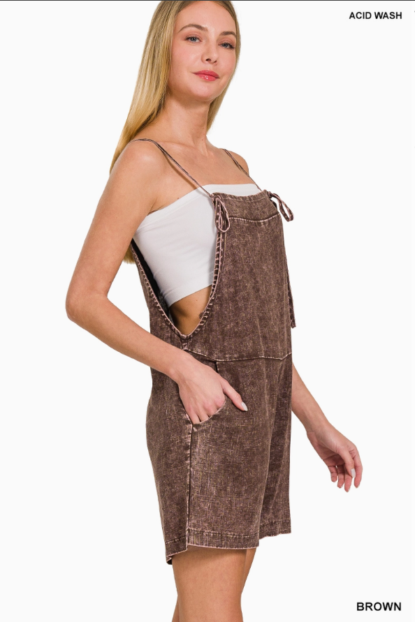 Washed Linen Knot Strap Short Romper