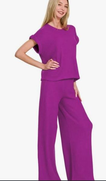 Zenana Raised Rib Wide Leg Lounge Set