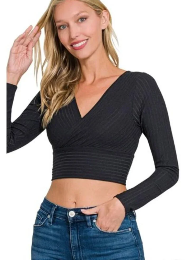 Zenana Ribbed Surplice V-Neck Long Sleeve Crop Top