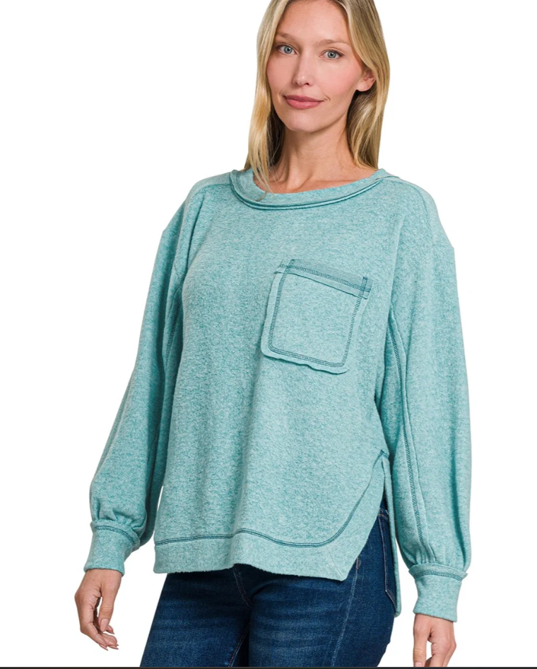 Zenana Washed Brushed Hacci Pocket Top | S/M–XL