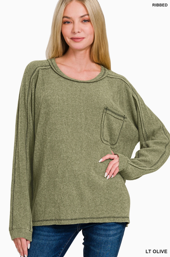 Zenana Brushed Hacci Contrast Stitch Pocket Top | S/M–3XL