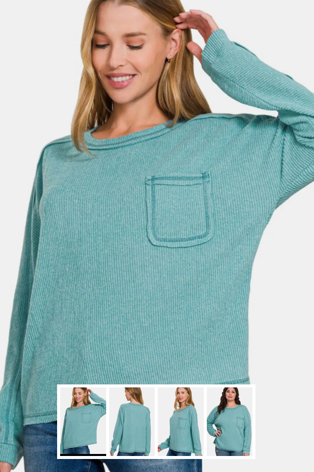 Zenana Brushed Hacci Contrast Stitch Pocket Top | S/M–3XL