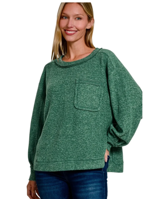 Zenana Washed Brushed Hacci Pocket Top | S/M–XL