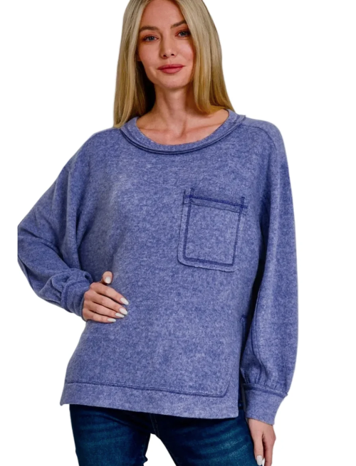 Zenana Washed Brushed Hacci Pocket Top | S/M–XL