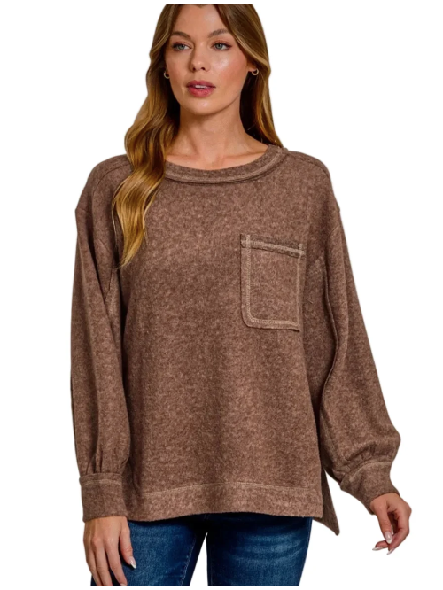 Zenana Washed Brushed Hacci Pocket Top | S/M–XL