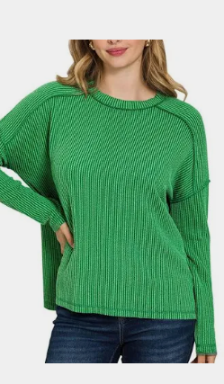 Zenana Raised Rib Raw Edge Long Sleeve Top